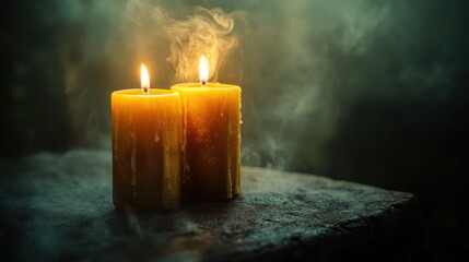 Romantic Glow of Two Burning Candles on Dark Background