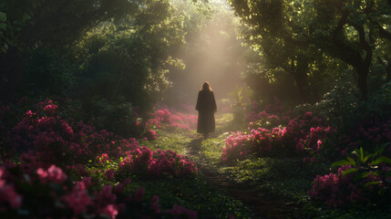 silhouette of a woman walking in the flowery forest