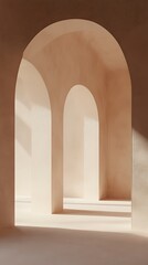 A serene journey through sun-drenched arches in a minimalist sanctuary, bathed in soft, warm light.