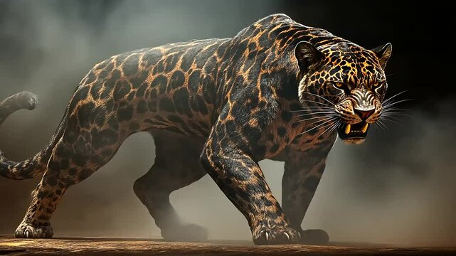 Fierce jaguar prowling through a misty jungle environment, showcasing its powerful stance and striking markings