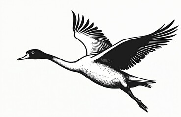 Monochrome illustration of swan in flight. Black, white bird with spread wings soars through sky. Graceful avian silhouette, nature art, wildlife symbol. Design element, print for wall art, cover,