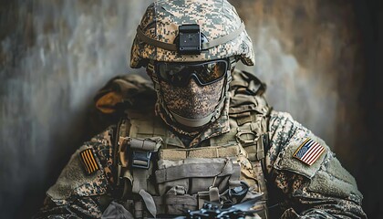 Soldier for urban backdrop, combat gear.