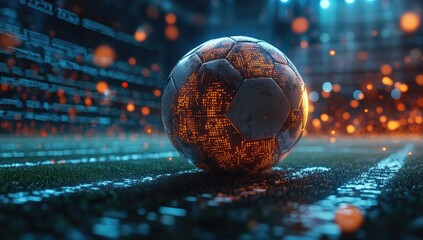 Glowing digital globe on a field, surrounded by data streams and bokeh lights. Futuristic concept