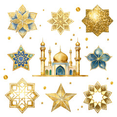 Watercolor illustration of a collection of crescent moon, lanterns and stars for Islamic Ramadan or Eid decoration. Ideal for cultural and religious events, Eid, Ramadan, birthdays, Muslim holy month 
