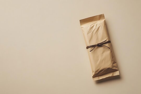 A simple brown paper package tied with string on a beige background