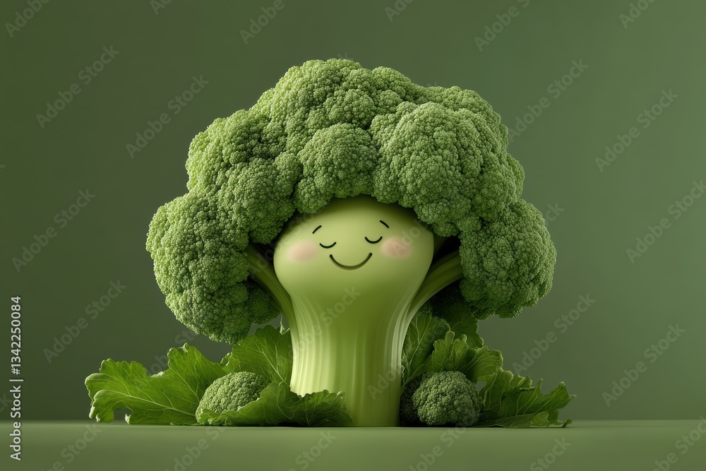 Poster friendly broccoli character with a cheerful smile in a pastel green background generative ai