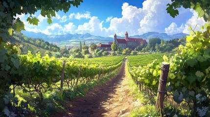 Naklejka premium Scenic vista of a vineyard estate with lush grapevines under a blue sky landscape