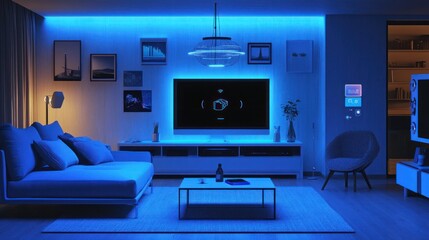 Smart Home Living Room: Modern Interior Design with Ambient Blue Lighting and Smart Technology