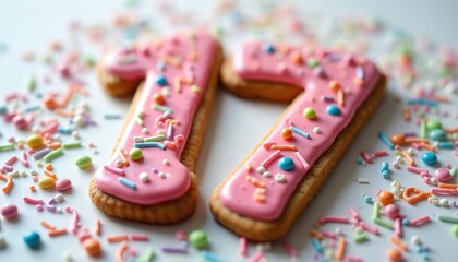 Fototapeta premium Decorated number 17 cookie with pink glaze for birthday or event. Festive frosted biscuit with colorful sprinkles on white table for anniversary invitation card or bakery promo.