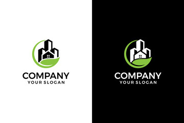 eco green leaf city building logo for ecology theme, real estate agency, building company, urban landscape, city life.	