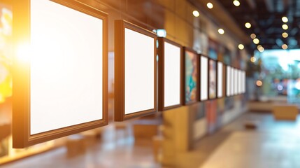 Art gallery frame mockup featuring row of empty frames hanging in a well lit exhibition space