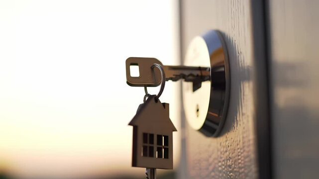 A hand holds a set of keys with a house keychain, ready to unlock a door. The warm glow of sunset creates a welcoming atmosphere, signaling a fresh start.