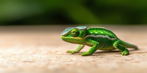 Fototapeta premium Green chameleon with bright eye walking on textured surface against blurred natural background, detailed scales and expressive features in macro photography.