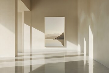 Minimalist interior with a painting of a serene lake and mountains