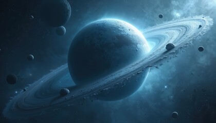 Blue planet with rings of ice, dust, rock. Space landscape with many moons in dark cosmos with stardust. Distant world, astronomy background. Galactic celestial sphere of universe.