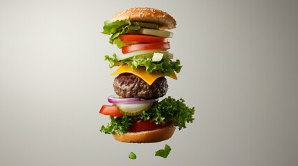 Deconstructed burger, layers of patty, cheese, veggies