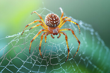 Fototapeta premium A spider with orange and white spots sits in the center of its web, covered in morning dew. The background is blurred