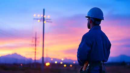 Silhouette of Construction Electrician at Sunset