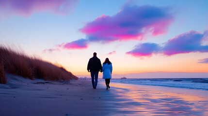 Obraz premium Silhouette of Couple Walking on Beach at Sunset