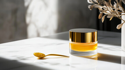 A glowing golden skincare gel inside a frosted glass jar, elegantly placed next to a gold spoon applicator, enhancing the sense of exclusivity and refinement.
