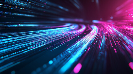 A dynamic visualization of ultra-fast data transmission through nanofiber cables, glowing in bright cyan and magenta against a dark, high-tech background.