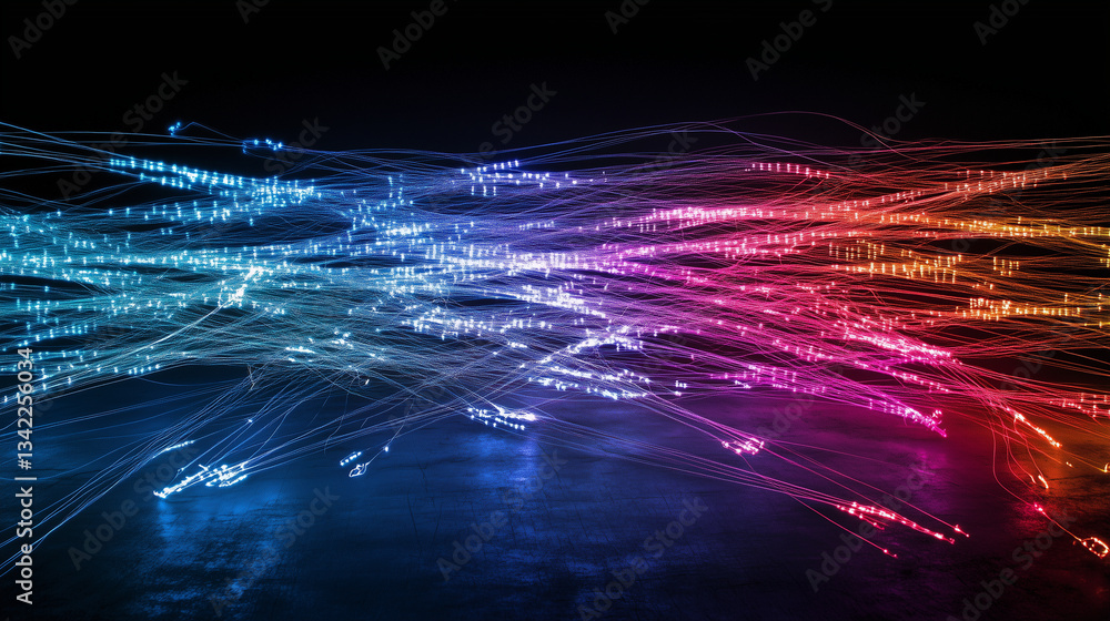 Poster a high-speed digital network visualized through glowing nanofiber cables, their vibrant colors signi