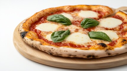 Delicious cheese pizza, wood-fired crust, basil