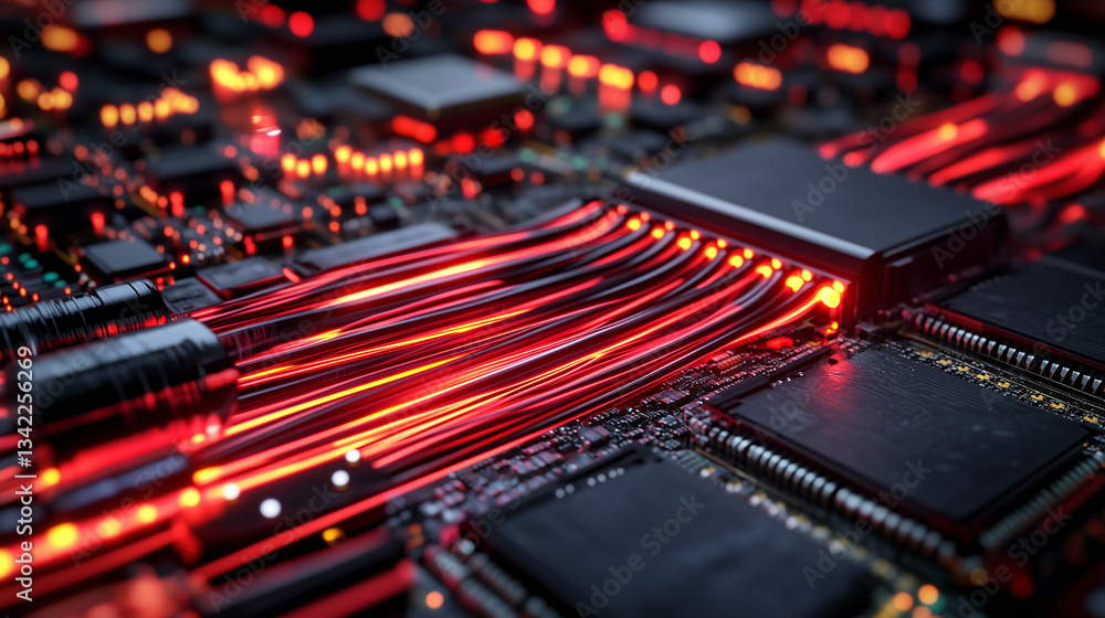 Poster a deep-focus shot showing glowing nanofiber cables connected to high-tech processors, highlighting t