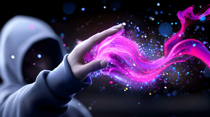 Hooded Figure Casting a Glitching Purple and Pink Spell