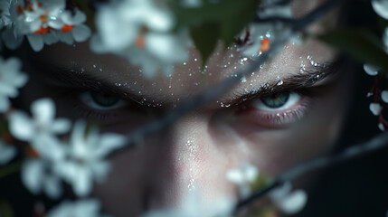 Close up man eyes through flowers