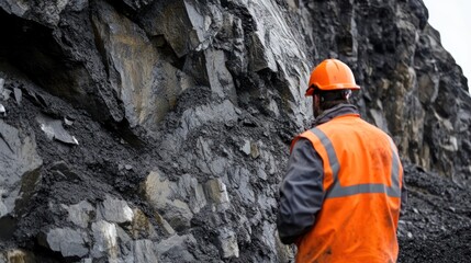 Geologist examining the rock formation wearing protective safety gear and hard hat