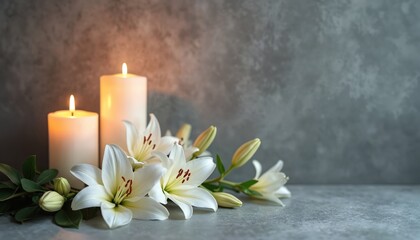 Tranquil sympathy arrangement with burning candles, white lilies. Evokes peace, remembrance for funeral service. Floral tribute, bereavement serene memory for loss, death, grief. Elegant spiritual