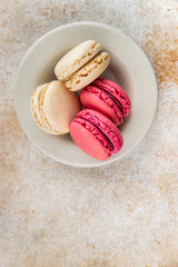 Macaroon cake sweet almond dessert gourmet food background on the table rustic food top view copy space