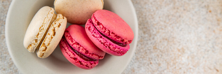 Macaroon cake sweet almond dessert gourmet food background on the table rustic food top view copy space