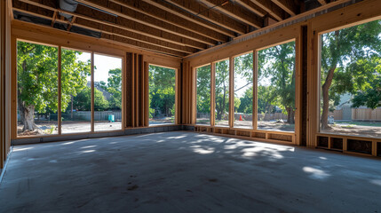 Fototapeta premium A construction progress shot of EPS insulation being secured before a concrete pour, framed by elegant wooden beams and an airy, window-filled space.
