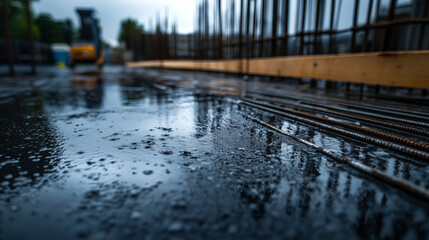 Close-up of wet concrete curing on a reinforced slab, with wooden supports and steel rebar structure visible beneath the surface.