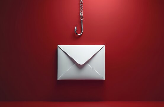 Conceptual image shows email envelope on hook. Symbol of online fraud, phishing, scam. Cyber crime background, scamming, deception in electronic mail. White letter, red background. Conceptual warning