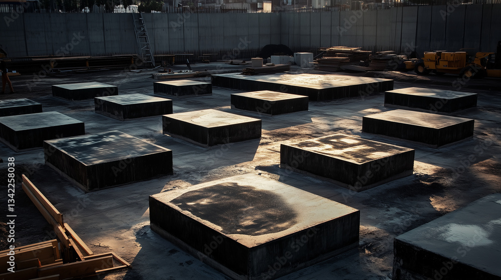 Poster a large construction site featuring multiple concrete slabs curing in different stages, surrounded b