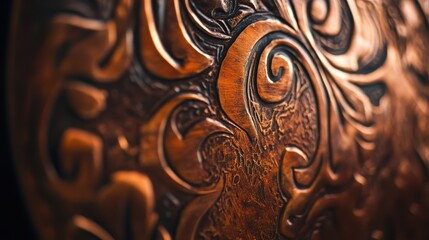 Detailed Floral Pattern Carving on Copper Metal Surface Close-up