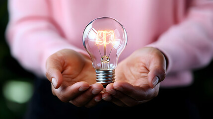 Close Up of Hands Gently Holding Glowing Light Bulb