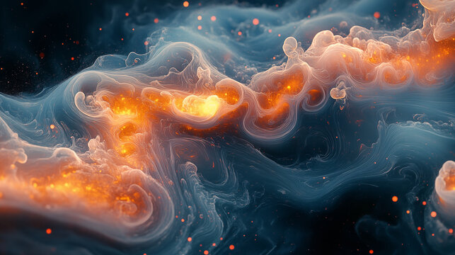 Abstract fluid motion with glowing energy particles, cosmic nebula concept with flowing luminescent elements
