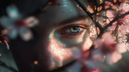 Close up woman eyes through flowers