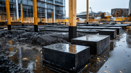 An industrial warehouse foundation under construction, with massive concrete slabs curing under protective plastic covers, secured by wooden supports.