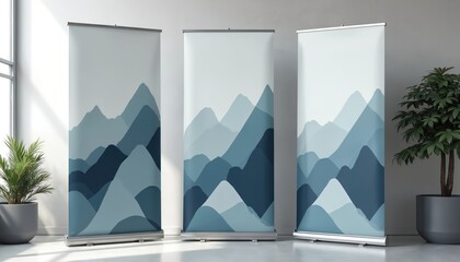 Three roll up banners with mountain pattern stand near houseplant. Commercial posters for advertising campaign business presentation. Modern design for interior blank billboard. Template for