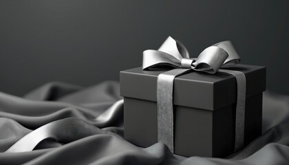 Elegant black gift box with silver ribbon on soft grey fabric. Festive design for wedding seasonal event. Beautiful upscale custom luxury surprise gift. Stylish object for joyful corporate occasion.