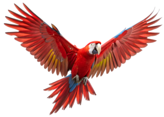 Colorful flying Scarlet Macaw parrot isolated on white background with clipping path.