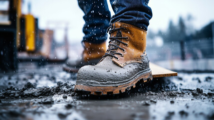 Work boots covered in cement dust as a worker carefully drags a screed board across the wet concrete, ensuring a level surface.