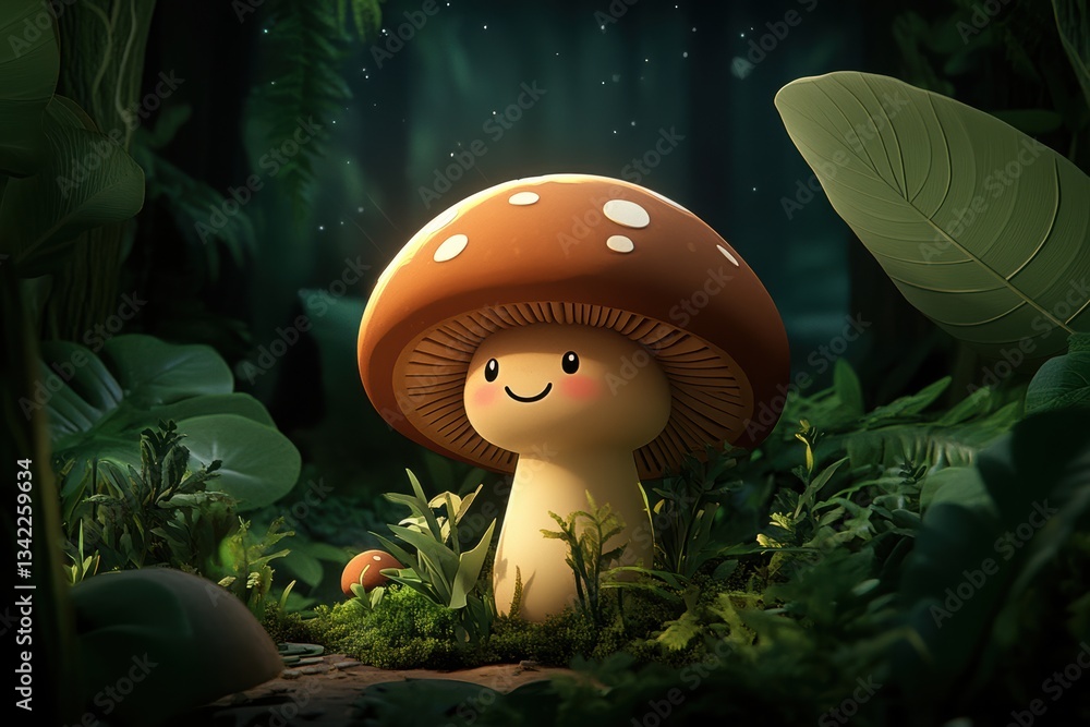 Poster Charming Mushroom Revels in the Tranquility of a Whimsical Forest Setting Generative AI