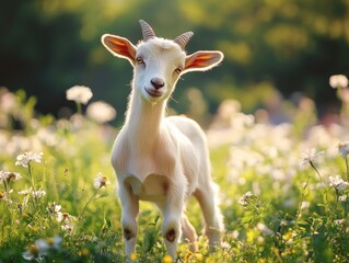 Fototapeta premium Goat in a field of flowers