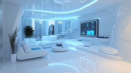Futuristic Tech Loft: a sleek, high-tech loft with smart furniture, built-in tech features, minimalist design, and futuristic lighting that creates a modern, cutting-edge living space